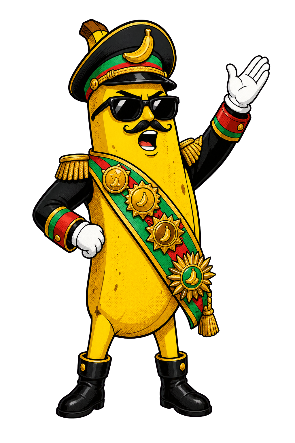 Original President Banana cartoon delivering a balcony speech